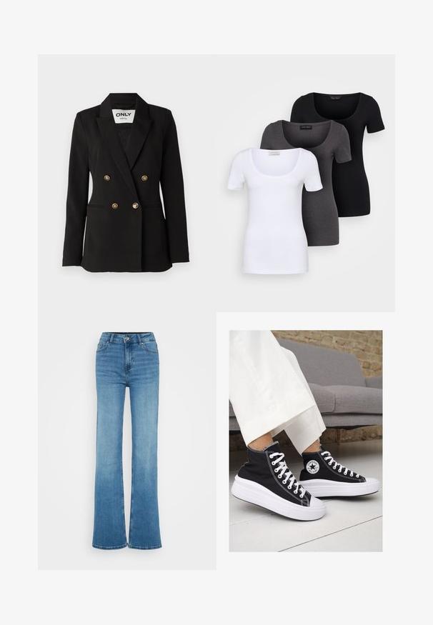 ONLY Tall ONLASTRID LIFE - Blazer - black; Three fitted T-shirts in white, gray, and black. Each features a wide scoop neckline and short sleeves. Made from smooth, stretchy fabric.; High-waisted blue denim flared jeans with a smooth texture, front pocket stitching, and raw hems at the wide leg openings.; Black canvas high-top sneakers with white rubber soles and laces. Features a circular logo on the side and contrasting white stitching.