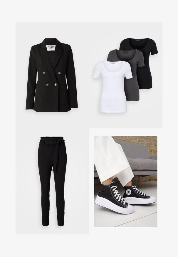 ONLY Tall ONLASTRID LIFE - Suknjič - black; Tri prilegla majica v beli, sivi in črni barvi. Vsaka ima širok izrez na vratu in kratke rokave. Narejene so iz gladkega, raztegljivega materiala.; Črne hlače z visokim pasom in zavezanimi detajli pasu. Narejene iz mehke tkanine, z gladko teksturo in zoženim krojem nog.; Črne platnene visoke superge z belimi gumijastimi podplati in vezalkami. Imajo krožni logotip na strani in kontrastno bele šive.