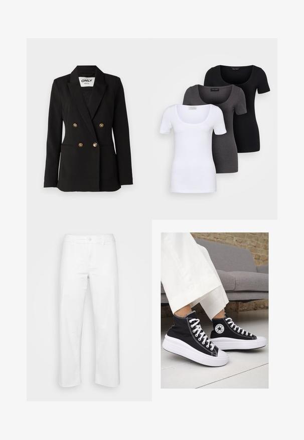 ONLY Tall ONLASTRID LIFE - Blejzer - black; Tričko v bielej, šedej a čiernej farbe s priliehavým strihom. Každé má široký výstrih a krátke rukávy. Vyrobené z hladkej, elastickej tkaniny.; Biele bavlnené nohavice s rovnými nohavicami, ktoré majú predné zapínanie na gombík, pútka na opasok a jemné detaily prešívania.; Čierne plátkové tenisky s vysokým strihom a bielymi gumovými podrážkami a šnúrkami. Majú okrúhly logotyp na boku a kontrastné biele stehy.