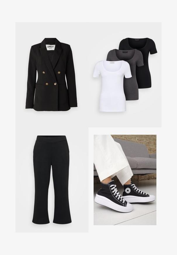 ONLY Tall ONLASTRID LIFE - Blazer - black; Three fitted T-shirts in white, gray, and black. Each features a wide scoop neckline and short sleeves. Made from smooth, stretchy fabric.; Black flared pants with a smooth, stretchy texture. Features a wide waistband and ribbed accents on the side pockets.; Black canvas high-top sneakers with white rubber soles and laces. Features a circular logo on the side and contrasting white stitching.