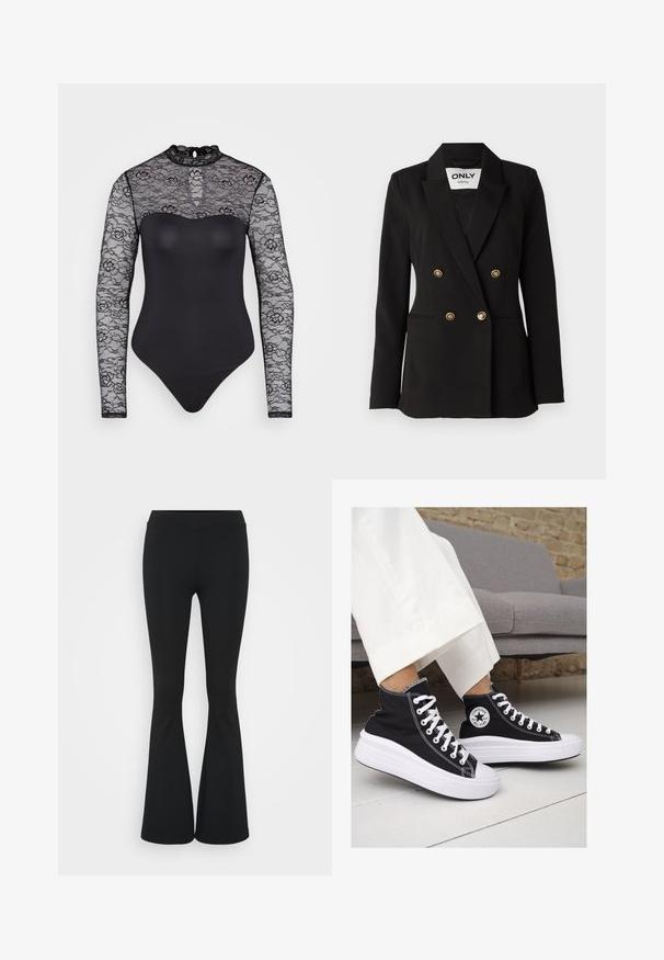 ONLY Tall ONLASTRID LIFE - Bleizeris - black; Juodas bodysuit'as su ilgais nėrinių rankovėmis, aukštu kaklu, rakto skylutės detalėmis kaklo srityje ir prigludusiu, lygiu audiniu. Nėriniai puošti gėlių raštais.; Juodai platėjantys kelnių, pagamintų iš tamprių medžiagų, kurie turi aukštą juosmenį ir lygią tekstūrą. Kelnės platėja nuo kelio.; Juodi kanvasiniai aukšti sportbačiai su baltais guminiais padu ir raišteliais. Šonuose yra apskritas logotipas ir ryški balta siūlė.