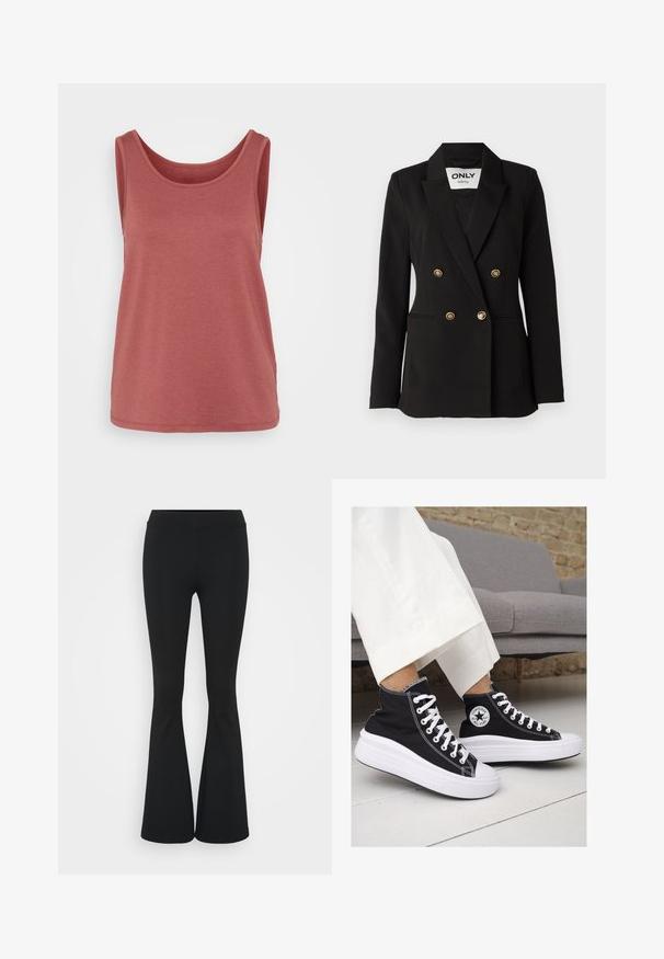 ONLY Tall ONLASTRID LIFE - Blazer - black; Rosa tanktop lavet af blød bomuld, med rund halsudskæring, uden ærmer og en let løs pasform med en afsluttet bund.; Sorte flagrende bukser lavet af strækbart stof, med en høj talje og en glat tekstur. Bukserne flared fra knæet.; Sorte høj-top sneakers i lærred med hvide gummisåler og snørebånd. Har et rundt logo på siden og kontrasterende hvide syninger.