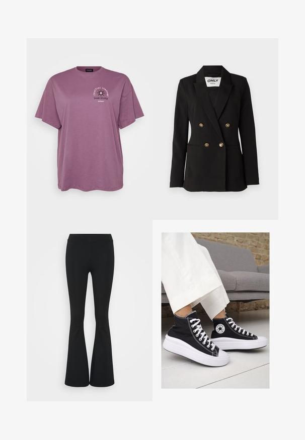 ONLY Tall ONLASTRID LIFE - Blazer - black; Purple cotton t-shirt with short sleeves, loose fit. Features front graphic text and design representing a solar eclipse.; Black flared pants made of stretchy fabric, featuring a high waistband and a smooth texture. The pants flare out from the knee.; Black canvas high-top sneakers with white rubber soles and laces. Features a circular logo on the side and contrasting white stitching.