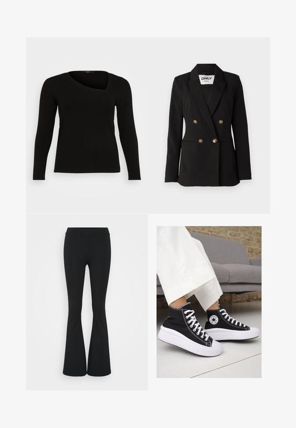 ONLY Tall ONLASTRID LIFE - Bleiseri - black; Musta pitkähihainen paita ribbimateriaalista, jossa on epäsymmetrinen pääntie ja tiukka muotoilu. Sujuva rakenne ja hoikka siluetti.; Mustat leveät housut, jotka on valmistettu joustavasta kankaasta, ja joissa on korkea vyötärö sekä sileä pinta. Housut levenevät polven kohdalla.; Mustat kangaskengät korkealla varrella, joissa on valkoiset kumipohjat ja nauhat. Sivussa on pyöreä logo ja kontrastiväriset valkoiset tikkausommellut.