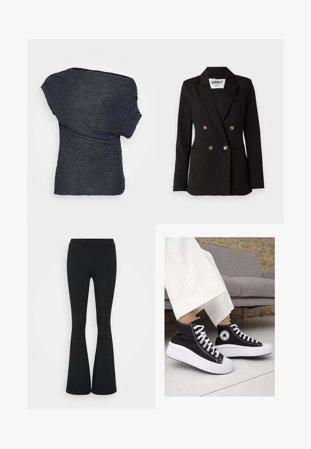ONLY Tall ONLASTRID czarny; Czarna, teksturowana bluzka o drapowanej konstrukcji. Posiada faliste linie na całej powierzchni i asymetryczny dekolt, wykonana z lekkiego materiału.; Czarne spódnice dzwonowe wykonane z elastycznego materiału, z wysokim stanem i gładką fakturą. Spodnie rozszerzają się od kolana.; Czarne trampki typu high-top z białą gumową podeszwą i sznurowadłami. Posiadają okrągłe logo z boku oraz kontrastujące białe szwy.
