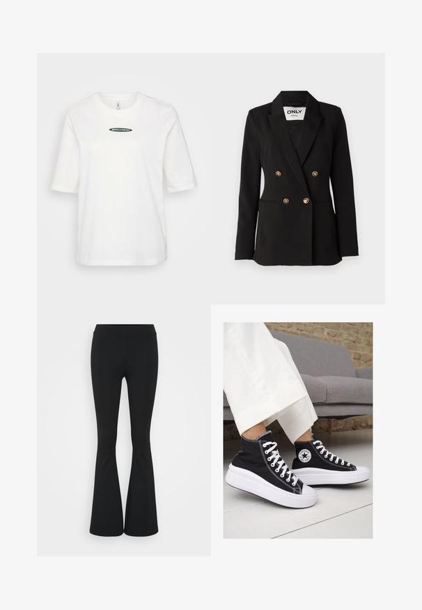 ONLY Tall ONLASTRID LIFE - Blazer - black; Hvit bomulls T-skjorte med korte ermer, med en grønn logo "RIPE&FRESH" sentrert på forsiden, enkel rund halsdesign.; Svarte flared bukser laget av elastisk stoff, med høy midje og en glatt tekstur. Buksene vidder ut fra kneet.; Sorte lerrets høy-top sneakers med hvite gummisulinger og snørebånd. Har et rundt logo på siden og kontrasterende hvite sting.
