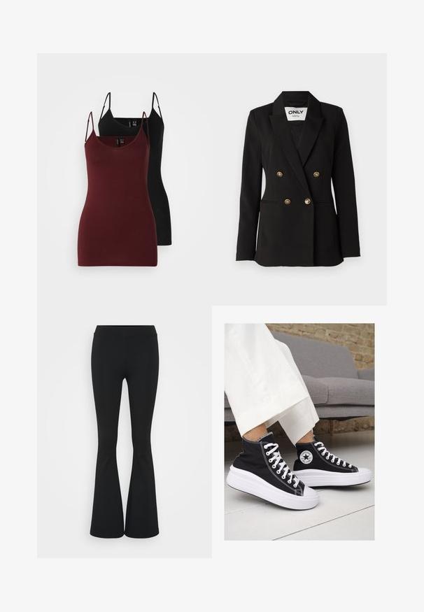 ONLY Tall ONLASTRID LIFE - Sacou - black; Pachet de două topuri fără mâneci: unul de culoare burgundă închisă și unul negru. Fabricate dintr-un material moale și elastic, cu bretele subțiri și un decolteu în V.; Pantaloni negrii evazați dintr-un material elastic, având un talie înaltă și o textură netedă. Pantalonii se lărgesc de la genunchi.; Sneakers negre înalte din pânză, cu tălpi și șireturi albe din cauciuc. Prezintă un logo circular pe lateral și cusături albe în contrast.