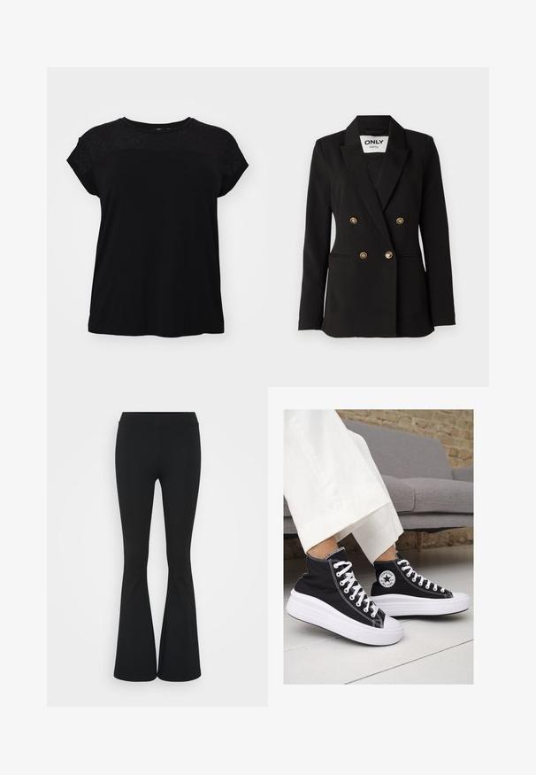 ONLY Tall ONLASTRID LIFE - Blazer - black; T-shirt noir à col rond et à manches courtes. Le haut présente un revêtement en dentelle texturée. Le tissu semble doux et léger.; Pantalon évasé noir en tissu extensible, présentant une taille haute et une texture lisse. Le pantalon s'élargit à partir du genou.; Baskets montantes en toile noire avec semelles et lacets en caoutchouc blanc. Elles présentent un logo circulaire sur le côté et un contraste de coutures blanches.