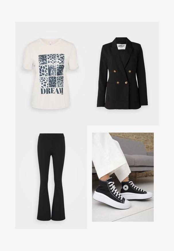 ONLY Tall ONLASTRID LIFE - Bleiseri - black; Kermanvärinen puuvillapaita, jossa on lyhyet hihat. Paidassa on yhdeksän leopardikuosisquarea ja sana "UNELMA" rohkealla mustalla tekstillä.; Mustat leveät housut, jotka on valmistettu joustavasta kankaasta, ja joissa on korkea vyötärö sekä sileä pinta. Housut levenevät polven kohdalla.; Mustat kangaskengät korkealla varrella, joissa on valkoiset kumipohjat ja nauhat. Sivussa on pyöreä logo ja kontrastiväriset valkoiset tikkausommellut.