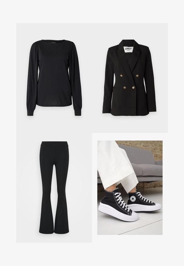 ONLY Tall ONLASTRID LIFE - Blazer - black; Svart langermet topp laget av glatt stoff, med rund hals og rynkedetaljer ved skuldrene og mansjettene.; Svarte flared bukser laget av elastisk stoff, med høy midje og en glatt tekstur. Buksene vidder ut fra kneet.; Sorte lerrets høy-top sneakers med hvite gummisulinger og snørebånd. Har et rundt logo på siden og kontrasterende hvite sting.
