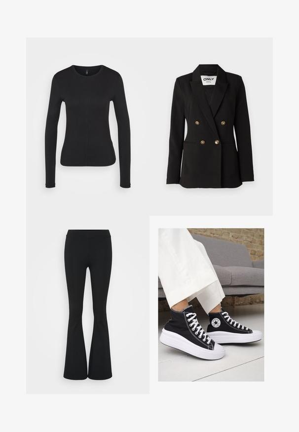 ONLY Tall ONLASTRID LIFE - Blazer - black; Schwarzes Langarmshirt aus weichem Stoff. Mit Rundhalsausschnitt, slim fit und mittigen Nähten. Keine sichtbaren Logos oder Muster.; Schwarze, ausgestellte Hosen aus dehnbarem Material mit hohem Bund und glatter Textur. Die Hose weitet sich ab dem Knie.; Schwarze Canvas-Hochtop-Sneakers mit weißen Gummisohlen und Schnürsenkeln. Mit einem runden Logo an der Seite und kontrastierendem weißen Nähten.