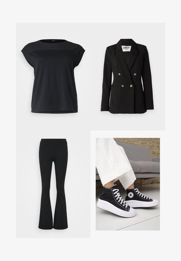 ONLY Tall ONLASTRID LIFE - Bleiseri - black; Mustat lyhythihaiset paita, jossa on teksturoitu, kuviollinen olka ja rento istuvuus. Sujuva puuvillakangas, jossa on pyöreä pääntie ja suora helma.; Mustat leveät housut, jotka on valmistettu joustavasta kankaasta, ja joissa on korkea vyötärö sekä sileä pinta. Housut levenevät polven kohdalla.; Mustat kangaskengät korkealla varrella, joissa on valkoiset kumipohjat ja nauhat. Sivussa on pyöreä logo ja kontrastiväriset valkoiset tikkausommellut.
