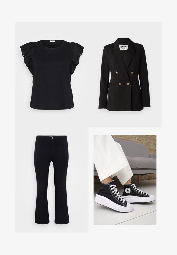 ONLY Tall ONLASTRID LIFE - Žakete - black; Melna T-kreklu ar īsām piedurknēm, kas rotāta ar izsmalcinātām frillēm un acs izšuvumiem, nodrošinot stilīgu un elegantu izskatu.; ONLY Carmakoma CARTHUNDER PUSH UP - Džinsi ar paplatinātiem galiem - black denim; Melni kanvas augstpapēžu apavi ar baltām gumijas zolēm un auklām. Ievērojams aplis logotips sānos un kontrastējoša balta šuvums.