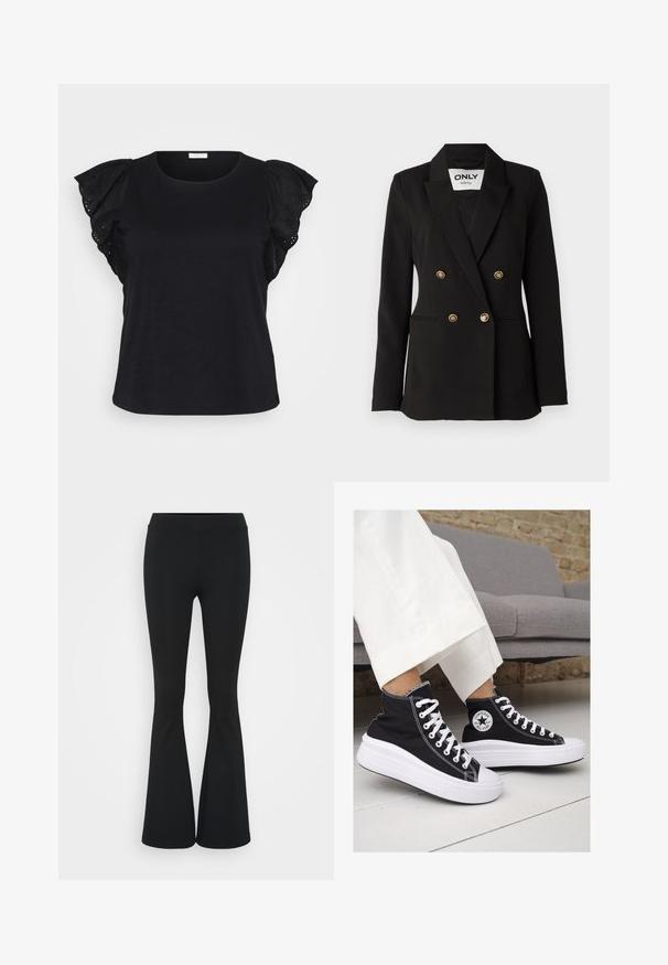 ONLY Tall ONLASTRID LIFE - Blazer - black; Sort kortærmet top med detaljerede flæser på ærmerne og broderet hulmønster, der giver et stilfuldt og elegant udseende.; Sorte flagrende bukser lavet af strækbart stof, med en høj talje og en glat tekstur. Bukserne flared fra knæet.; Sorte høj-top sneakers i lærred med hvide gummisåler og snørebånd. Har et rundt logo på siden og kontrasterende hvide syninger.