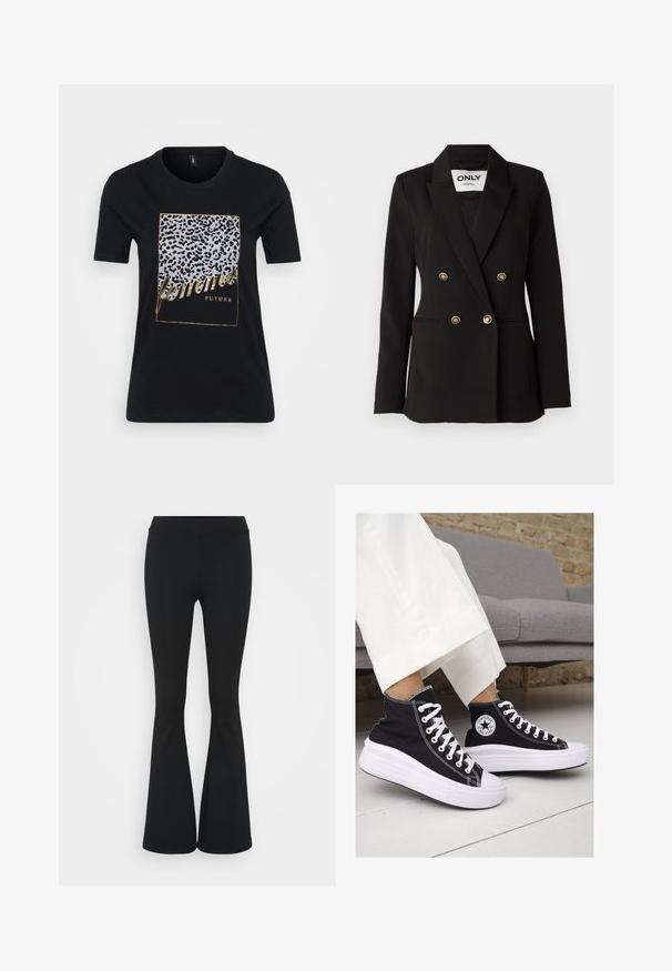 ONLY Tall ONLASTRID LIFE - Blazer - black; Svart bomull T-skjorte med en leopardmønstret design og gulltekst som leser "femmes FUTURE" innenfor en rektangulær ramme.; Svarte flared bukser laget av elastisk stoff, med høy midje og en glatt tekstur. Buksene vidder ut fra kneet.; Sorte lerrets høy-top sneakers med hvite gummisulinger og snørebånd. Har et rundt logo på siden og kontrasterende hvite sting.