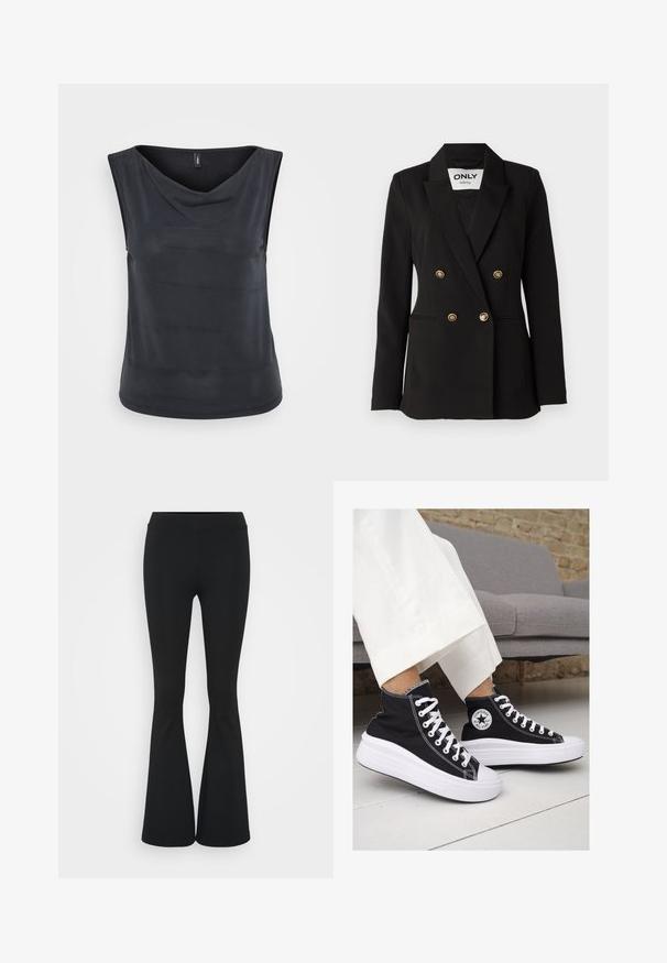 ONLY Tall ONLASTRID LIFE - Blazer - black; Mouwloos zwart topje met een kraaghals. Gemaakt van soepel, lichtgewicht materiaal. Heeft een relaxte pasvorm en een afgeronde zoom.; Zwarte uitlopende broek van rekbaar materiaal, met een hoge tailleband en een gladde textuur. De broek loopt uit vanaf de knie.; Zwarte canvas hoge sneakers met witte rubberen zolen en veters. Voorzien van een cirkelvormig logo aan de zijkant en contrasterende witte stiksels.