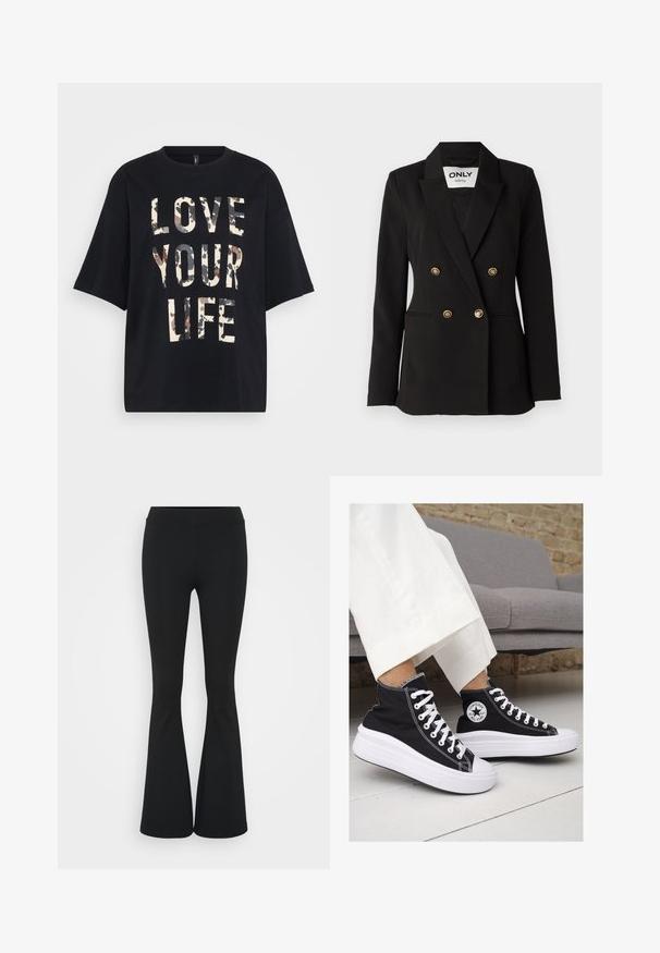 ONLY Tall ONLASTRID LIFE - Blazer - black; Svart kortermet T-skjorte med stor beige og brun kamuflasjetekst "ELSK LIVET DITT" på forsiden.; Svarte flared bukser laget av elastisk stoff, med høy midje og en glatt tekstur. Buksene vidder ut fra kneet.; Sorte lerrets høy-top sneakers med hvite gummisulinger og snørebånd. Har et rundt logo på siden og kontrasterende hvite sting.
