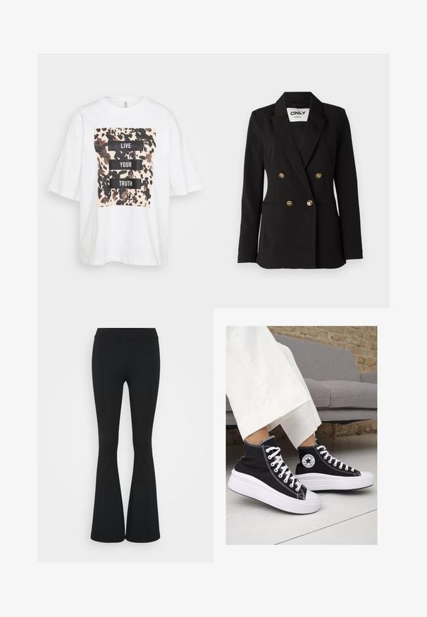 ONLY Tall ONLASTRID LIFE - Žakete - black; Baltas pārspīlēts T-kreklis ar īsām piedurknēm, ar brūnu un melnu abstraktu rakstu un tekstu "DZIVO SAVU PATIESĪBU" treknās melnās kastēs.; Melnas izplešanās bikses, izgatavotas no elastīga auduma, ar augstu vidukli un gludu tekstūru. Bikses izvēršas no ceļa.; Melni kanvas augstpapēžu apavi ar baltām gumijas zolēm un auklām. Ievērojams aplis logotips sānos un kontrastējoša balta šuvums.