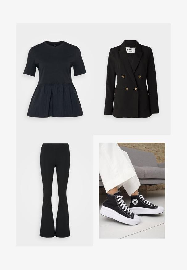 ONLY Tall ONLASTRID LIFE - Žakete - black; Melnas T-krekls ar īsām piedurknēm, apaļu kakla izgriezumu un savilktu, krokotu vidukli, kas pāriet plašā pepluma maliņā. Mīksta auduma tekstūra.; Melnas izplešanās bikses, izgatavotas no elastīga auduma, ar augstu vidukli un gludu tekstūru. Bikses izvēršas no ceļa.; Melni kanvas augstpapēžu apavi ar baltām gumijas zolēm un auklām. Ievērojams aplis logotips sānos un kontrastējoša balta šuvums.