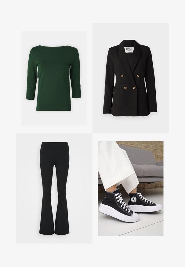 ONLY Tall ONLASTRID LIFE - Blézer - black; Sötétzöld, hosszú ujjú felső, hajónyakkal. Simább textúra, testhezálló fazon és félhosszú ujjak. Nincsenek látható minták vagy díszítések.; Fekete harangszárú nadrág, rugalmas anyagból készült, magas derékkal és sima felülettel. A nadrág a térdtől kezdve bővül.; Fekete vászon magas szárú tornacipők fehér gumitalppal és fűzővel. Az oldalon egy kör alakú logó található, és kontrasztos fehér varrásokkal rendelkezik.