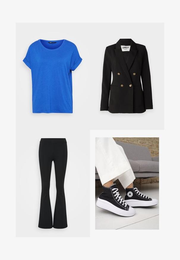 ONLY Tall ONLASTRID LIFE - Blejzr - black; Modré bavlněné tričko s kulatým výstřihem, ohrnutými krátkými rukávy a volným střihem. Hladká textura, bez vzorů a s rovného lemem.; Černé zvonové kalhoty vyrobené z elastického materiálu, s vysokým pasem a hladkou texturou. Kalhoty se rozšiřují od kolene.; Černé vysoké plátěné tenisky s bílými gumovými podrážkami a tkaničkami. Na boku mají kulaté logo a kontrastní bílé švy.