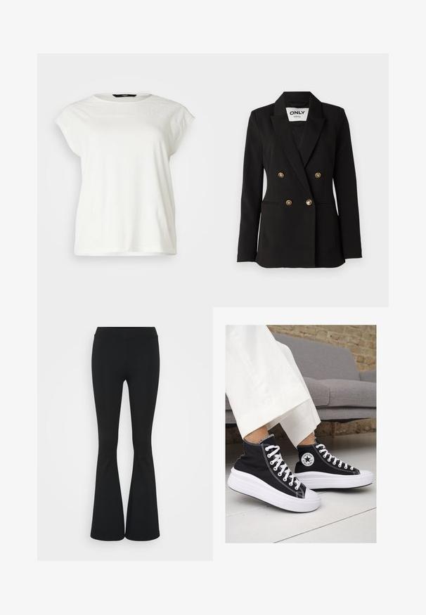 ONLY Tall ONLASTRID LIFE - Blazer - black; Hvit kortermet t-skjorte med teksturert blonde-yoke, rund hals og avslappet passform. Mykt bomullsmateriale med subtile detaljer på skuldrene.; Svarte flared bukser laget av elastisk stoff, med høy midje og en glatt tekstur. Buksene vidder ut fra kneet.; Sorte lerrets høy-top sneakers med hvite gummisulinger og snørebånd. Har et rundt logo på siden og kontrasterende hvite sting.
