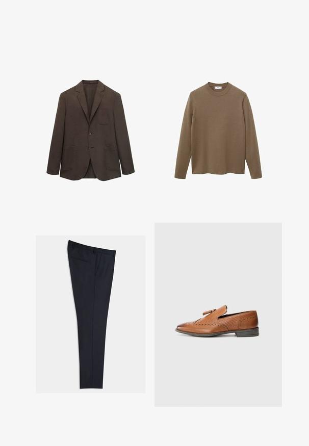 Brun linned blazer med en enkelt brystlomme, to forreste påsatte lommer, ombukket krave og to-knaps lukning. Struktureret stofoverflade.; Brun langærmet sweater med rund hals, lavet af glat, blødt materiale; har en afslappet pasform og lige kant.; Navy skræddersyede bukser lavet af et glat stof, med flad front, sidelommer og en enkelt baglomme. Lige ben.; Brun lædersko med perforerede detaljer, strukturerede sider, flad sål og en dekorativ sløjfe på overdelen. Klassisk design med en glat finish.