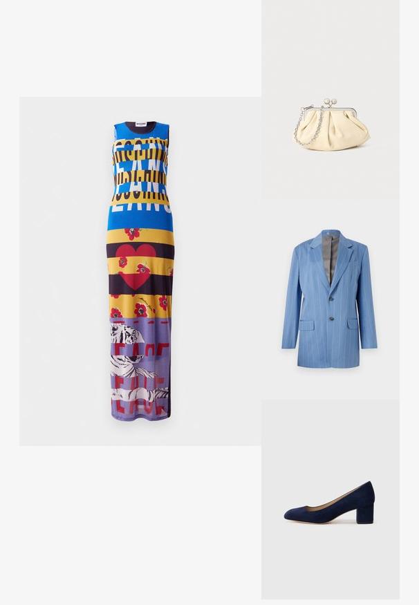 Sacou bleu deschis cu dungi, dotat cu două buzunare frontale, două butoane și guler cu tăietură. Are o căptușeală interioară netedă, de culoare gri.; Rochie maxi cu un design multicolor, cu text îndrăzneț, modele florale și o grafică cu un tigru. Fabricată dintr-un material ușor, cu o siluetă ajustată.; Pantof cu toc din suede bleumarin, cu vârful ascuțit și un toc de înălțime medie în formă de bloc. Textură netedă cu o strălucire subtilă și o mică decupare în față.; Clutch din piele plisată bej, cu un cadru din metal argintiu, având două închideri decorative rotunde și o curea din lanț argintiu.