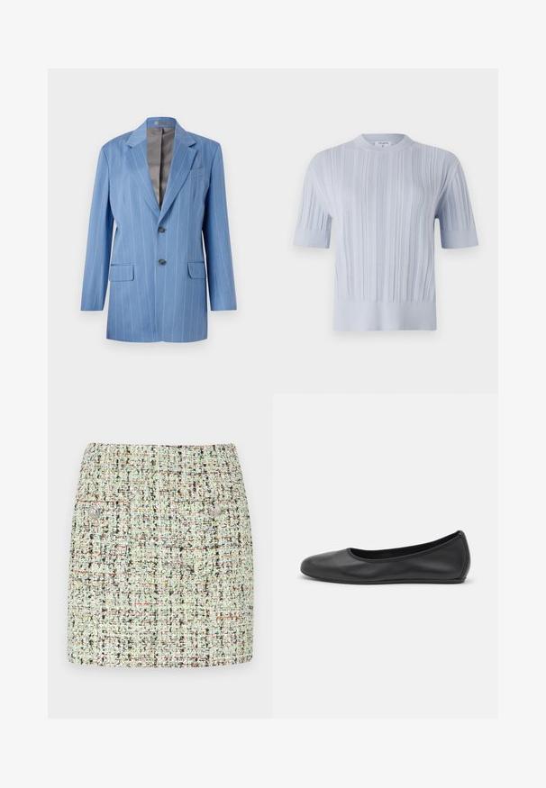 Svetlomodrý sako s pruhmi, dvoma prednými vreckami, dvoma gombíkmi a vystrihom. Má hladké, šedé vnútorné podšívku.; Svetlomodrý pletený top s krátkym rukávom, ktorý má vertikálnu rebrovanú textúru a okrúhly výstrih. Tkanina má jemné detaily s priliehavým lemom.; Krátka sukňa z tweedu vo svetlozelenej farbe, s textúrovaným materiálom a mnohými farebnými flitrami, dvoma prednými vreckami a striebornými gombíkmi.; Čierne kožené baleríny s okrúhlou špičkou, hladkým povrchom, minimálnym prešívaním a flexibilným dizajnom podrážky.