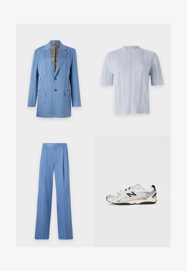 Ljust blå rutig kavaj med två framfickor, två knappar och ett notched krage. Har en slät, grå inre foder.; Ljust blå kortärmad stickad topp med vertikal ribbad textur och rund halsringning. Tyget har subtila detaljer med en figurnära nederkant.; Ljusblå vida byxor med vertikala vita ränder. Tillverkade av ett mjukt material, med en frontveck och en ren design på midjebandet.; Grå och vit träningssko med rundad tå, mesh och syntetiska material, svarta accenter och en texturerad gummisula.