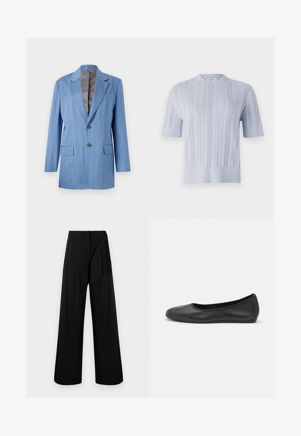 Blazer azul claro com riscas verticais, duas bolsos frontais, dois botões e colarinho de lapela. Apresenta um interior liso na cor cinza.; Top de malha de manga curta azul clara com textura de riscas verticais e decote redondo. O tecido apresenta detalhes subtis com uma bainha ajustada.; Calças largas pretas feitas de tecido suave, com cintura alta e detalhes pregueados. Sem embellishments ou padrões visíveis.; Bailarina preta em pele com bico arredondado, textura suave, detalhe de costura minimalista e design de sola flexível.