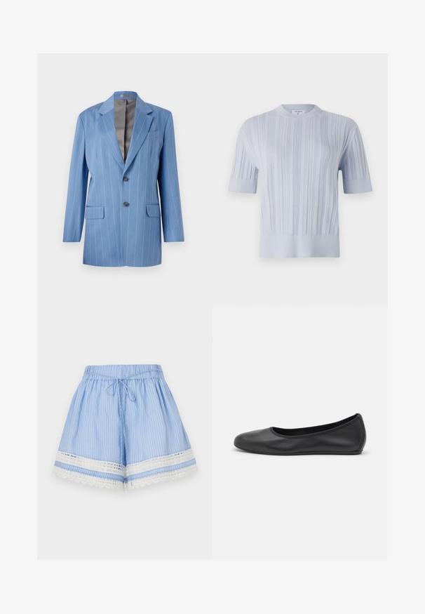 Helles blaues Nadelstreifen-Blazer mit zwei Fronttaschen, zwei Knöpfen und einem Reverskragen. Verfügt über eine glatte, graue Innenauskleidung.; Helles blaues kurzärmliges Strickoberteil mit vertikaler Rippstruktur und Rundhalsausschnitt. Der Stoff zeigt dezente Details mit einem taillierten Saum.; Helle blau gestreifte Shorts aus weichem Stoff, mit einer Spitzenkante am Saum, einem elastischen Bund mit Kordelzug und einer lockeren Passform.; Schwarze Leder-Ballettschuhe mit abgerundeter Spitze, glatter Textur, minimalen Nähdetails und einem flexiblen Sohlen-Design.