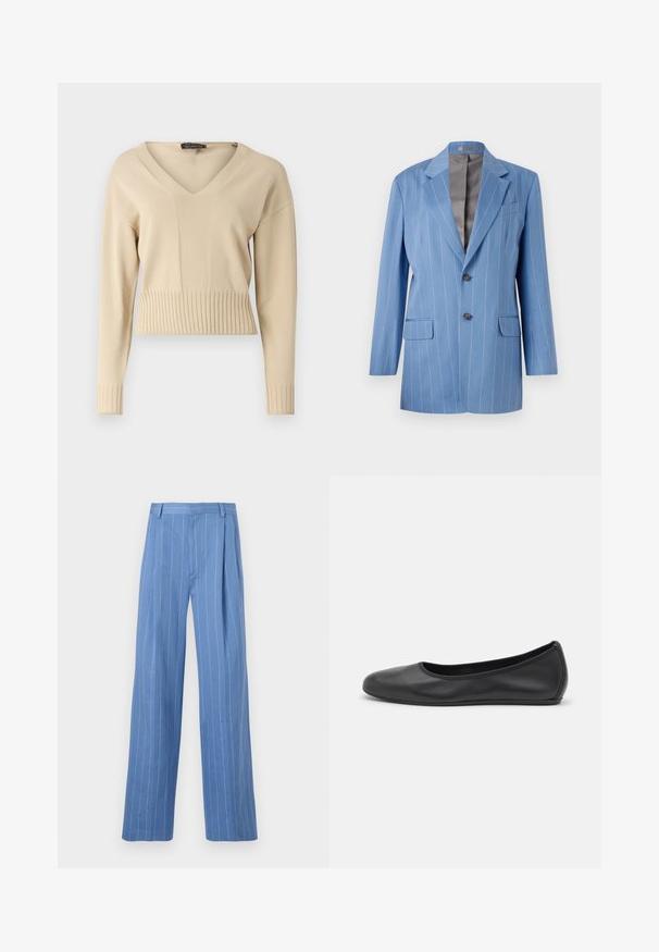 Helles blaues Nadelstreifen-Blazer mit zwei Fronttaschen, zwei Knöpfen und einem Reverskragen. Verfügt über eine glatte, graue Innenauskleidung.; Beige gestrickter Pullover mit V-Ausschnitt, langen Ärmeln sowie geripptem Saum und Bündchen. Der Stoff hat eine glatte Textur.; Himmelblaue weite Hosen mit vertikalen weißen Streifen. Aus glattem Material gefertigt, mit einer vorderen Falte und einem schlichten Taillenbunddesign.; Schwarze Leder-Ballettschuhe mit abgerundeter Spitze, glatter Textur, minimalen Nähdetails und einem flexiblen Sohlen-Design.