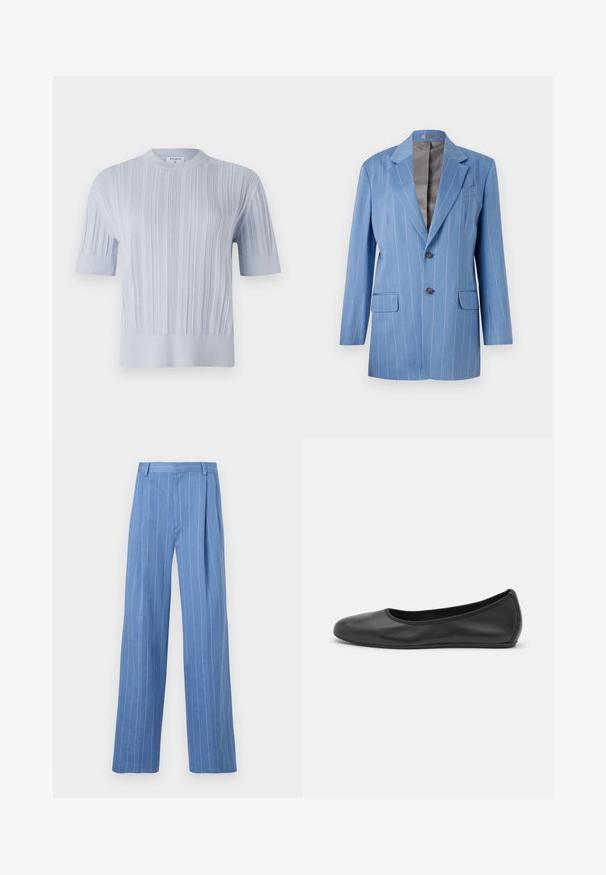 Helles blaues Nadelstreifen-Blazer mit zwei Fronttaschen, zwei Knöpfen und einem Reverskragen. Verfügt über eine glatte, graue Innenauskleidung.; Helles blaues kurzärmliges Strickoberteil mit vertikaler Rippstruktur und Rundhalsausschnitt. Der Stoff zeigt dezente Details mit einem taillierten Saum.; Himmelblaue weite Hosen mit vertikalen weißen Streifen. Aus glattem Material gefertigt, mit einer vorderen Falte und einem schlichten Taillenbunddesign.; Schwarze Leder-Ballettschuhe mit abgerundeter Spitze, glatter Textur, minimalen Nähdetails und einem flexiblen Sohlen-Design.