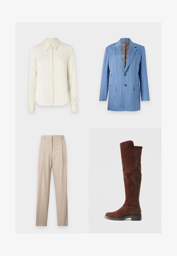 Gaiši zils svītrainais žakets ar divām priekšējām kabatām, diviem pogām un izgriezumu apkakli. Iekšpusē ir gluda pelēka oderes.; Tiger of Sweden CELSA - Pogājama blūze - ivory white; Bežīgas veidotas bikses ar taisnu kāju, ar krokām priekšpusē un jostas cilpām, izgatavotas no gludas auduma.; Augstas brūnas zamšā un audumā izgatavotas zābakus ar zemu melnu papēdi un noapaļotu purngalu, attēlotas sānos uz vienkrāsu baltā fona.