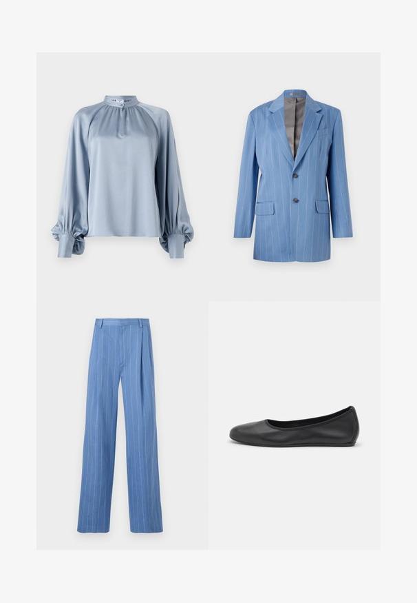 Blazer a rayas finas en azul claro con dos bolsillos frontales, dos botones y un cuello con muesca. Presenta un forro interior suave en gris.; Blusa azul clara con cuello alto, mangas raglán largas con puños fruncidos y una textura suave y satinada.; Pantalones de pierna ancha azul claro con rayas verticales blancas. Hechos de un material suave, con un pliegue frontal y un diseño de cinturilla limpia.; Bailarina de piel negra con punta redondeada, textura suave, detalle de costura minimalista y diseño de suela flexible.