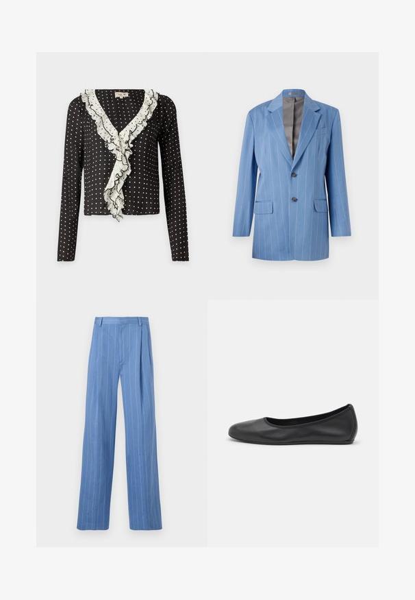 Light blue pinstripe blazer with two front pockets, two buttons, and a notched collar. Features a smooth, gray interior lining.; Black long-sleeve top with white polka dots and a ruffled V-neckline trimmed in white, featuring a soft, textured fabric.; Light blue wide-leg trousers with vertical white stripes. Made of smooth material, featuring a front pleat and a clean waistband design.; Black leather ballet flat with a rounded toe, smooth texture, minimal stitching detail, and a flexible sole design.