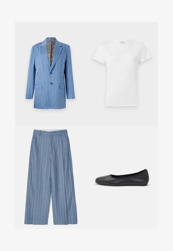 Vaaleansininen raitapensseli, jossa on kaksi etutaskua, kaksi nappia ja lovelliset kaulukset. Sisävuori on sileää harmaata.; Valkoinen puuvillapaita, jossa on pyöreä kaula-aukko ja lyhyet hihat, rento malli ja minimalinen muotoilu. Tuotetunnus näkyvissä kaulassa.; Vaaleansiniset leveät housut, joissa on pystysuorat valkoiset raidat, tasainen etuosa, vyölenkit ja teksturoitu kangaspinta.; Musta nahkainen ballerina, jossa on pyöristetty kärki, sileä pinta, minimaalinen ommelkoristelu ja joustava pohjamuotoilu.