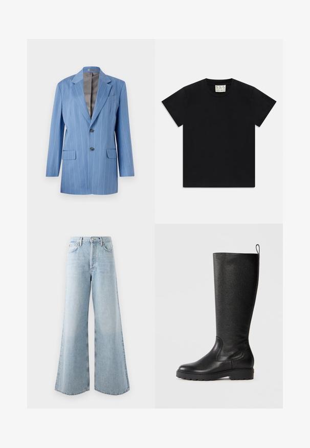 Világoskék csíkos blézer, két elülső zsebbel, két gombbal és fodros gallérral. Simma, szürke bélés jellemzi.; Fekete, rövid ujjú, kerek nyakú póló fehér címkével a gallér belsejében, amelyen az "D.R.C. EST. 2002" felirat szerepel, fehér háttéren.; Világoskék bőszárú farmernadrág, magas derékkal, öt zsebbel és gombos/cipzáras záródással. Domború szegély a nagyobb térfogatért.; Fekete, térd fölé érő csizmák texturált bőrből, lekerekített orral, strapabíró, talajfogásos gumitalppal és felhúzófüllel a tetején.