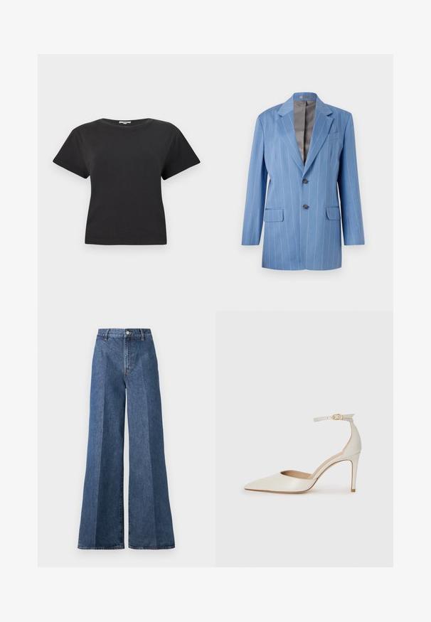 Hele sinine rinnataskutega liibuva lõikega bleiser, millel on kaks nööpaukku ja sakiline krae. Omab sujuvat halli voodrit.; Must musta t-särk lühikeste varrukatega, ümmargune kaelus ja hubane lõige. Ilma nähtavate mustrite või detailideta. Sile tekstuur.; Laiad sinised denimpüksid kõrge vöökohtusega, klassikalise viie taskuga ja nööpkinni, valmistatud tekstureeritud puuvillakangast.; Valgete nahast kõrge kontsaga kingad, terava varbaga, ankle strapiga ja kitsaste stiletto kontsadega. Sile tekstuur koos peene läikega.