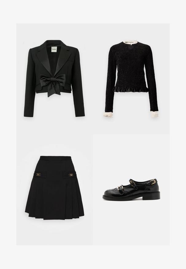Czarna krótka kurtka z teksturowanej tkaniny, z satynowym klapem i dużą satynową kokardą z przodu. Szczegół z jednym kieszeniem po lewej stronie.; Czarny top z długim rękawem, z teksturowanej tkaniny, z falbaną na dolnym brzegu oraz białymi falbankami przy kołnierzyku i mankietach. Posiada centralne zapięcie na pętelkę.; Czarna plisowana spódnica z złotymi akcentami. Posiada boczne kieszenie z logo, wykonana z gładkiego materiału. Sylwetka w kształcie litery A.; Czarne skórzane buty z detalami brogu, z dwoma klamrami, okrągłym noskiem i niskim obcasem. Gładka tekstura z błyszczącym wykończeniem.