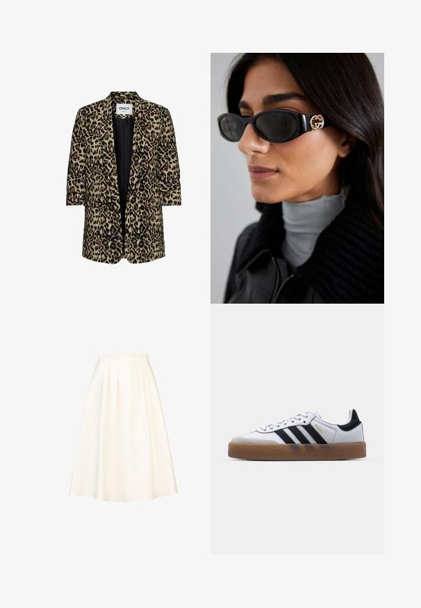 Leopardmønstret jakke i beige, sort og brun. Åben frontdesign med korte ærmer og to forlommer. Glat stofftekstur.; Hvid skjorte med knapper, spids krave, lange ærmer og et lille blåt logo på venstre bryst. Fremstillet af bomuldsstof.; En knælængde, plissee nederdel i cremefarvet stof med en glat tekstur og en tætsiddende talje, designet til hverdag eller fest.; Hvide lædersneakers med sorte striber, gummirubber sål, rund tå, snørelukning og blød grå ruskinds tåhætte.; Sorte solbriller med en strømlinet rektangulær ramme og en guld logoaccent på siden. Mørke linser og blank overflade er fremtrædende.; Hvid læderhåndtaske med en klap i guldtonet metal, sorte detaljer, en aftagelig skulderrem og et struktureret design med flaplukning.