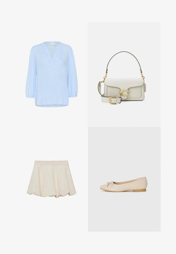 Veste en imprimé léopard dans des tons beige, noir et marron. Design à l'avant ouvert avec des manches courtes et deux poches à l'avant. Texture de tissu lisse.; Blouse bleu clair avec un col en V et des manches bouffantes trois quarts. Tissu texturé avec un motif subtil. L'ourlet est légèrement incurvé.; Jupe de couleur crème avec une texture douce et lisse, design évasé et ourlet festonné. Dispose d'une large ceinture élastique pour le confort.; Ballerines beiges en matériau synthétique lisse. Dotées d'un petit talon carré, elles présentent un détail noué avec des accents dorés à l'avant.; Sac à main en cuir blanc avec un fermoir doré, des accents noirs, une bandoulière amovible, et un design structuré avec un rabat.