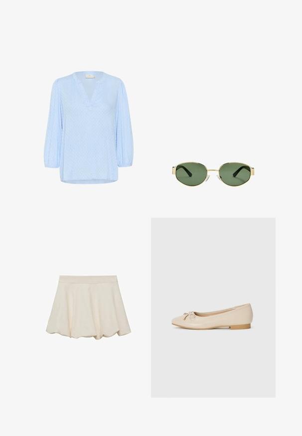 Nehäröinen leopardikuosiset takki beigen, mustan ja ruskean sävyissä. Avoin etuosa, lyhyet hihat ja kaksi etutaskua. Sileä kangastuntuma.; Vaaleansininen paita, jossa on V-pääntie ja kolme neljännesosaa puffihihallsia. Rakenteellinen kangas, jossa on hienoinen kuvio. Helma on hieman kaareva.; Hame vaale beige-värinen, pehmeä ja sileä tekstuuri, levenevä muotoilu ja aaltomaisesti leikattu helma. Varustettu leveällä elastisella vyötärönauhoilla mukavuutta varten.; Beige ballerinat valmistettu sileästä synteettisestä materiaalista. Ominaisuuksiin kuuluu pieni tukijalka ja solmittu yksityiskohta kultaisilla korostuksilla kengän kärjessä.; Kultaiset metallikehyksiset aurinkolasit, joissa on vihreät sävytetyt linssit, soikea muoto, mustat sankaluvat ja kirkkaat nenätyynyt. Siisti, minimalistinen muotoilu.; Valkoinen nahkainen käsilaukku, jossa on kultainen suljin, mustat yksityiskohdat, irrotettava olkahihna ja jämäkkä rakenne, jossa on läppä suljenta.