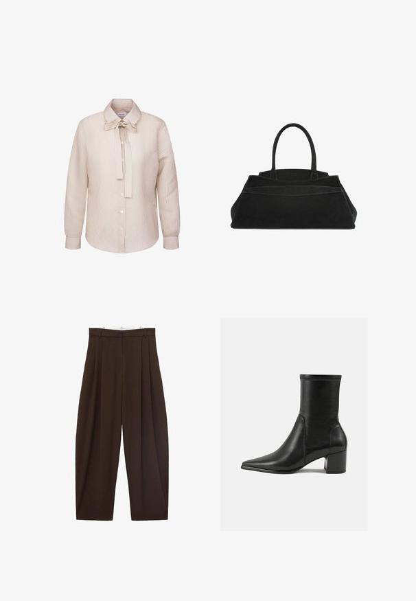 Bruine double-breasted blazer met een notch-revers, twee voorzakken en knoopaccenten, gemaakt van een gladde, gestructureerde stof.; Beige en witte verticaal gestreepte blouse met lange mouwen, knoopsluiting aan de voorkant en een strik-kraag, ronde onderrand en aansluitende manchetten.; Bruine high-waisted broek met plooien, gemaakt van soepel materiaal. Loose fit, rechte pijpen, met riemlussen en een ritsluiting.; Zwarte enkelboot van soepel leer, met een spitse neus, een blokhak en duidelijke verhoogde stiksels aan de bovenrand.; Zwarte leren handtas van suede met dubbele handvatten aan de bovenkant, gestructureerd ontwerp, opvallende naaddetails en een ruime silhoutte voor veelzijdig gebruik.
