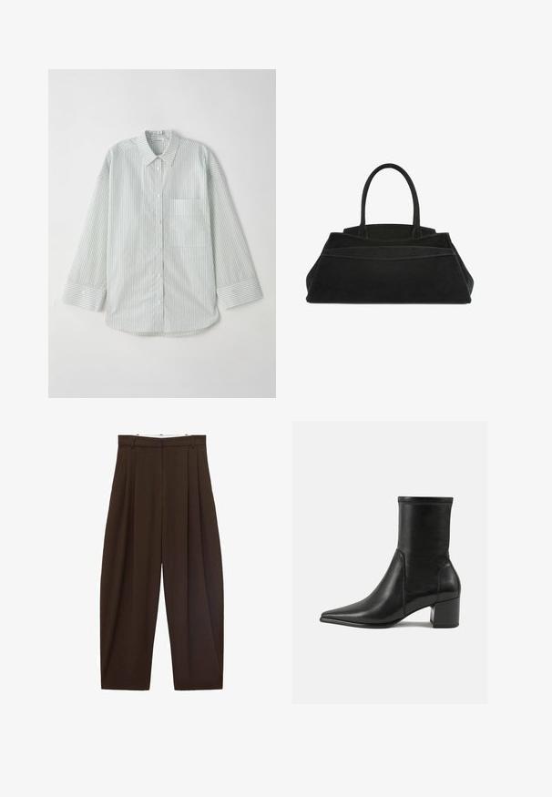 Brun dobbeltbrystet blazer med notch-lapeller, to frontlommer og knapdetaljer, lavet af blødt, struktureret stof.; Lys grøn stribede langærmede skjorte med knaplukning og krave, med en enkelt brystlomme og en buet kant.; Brune højtaljede bukser med folder, lavet af glat stof. Løs pasform, straight leg design, med bæltestropper og lynlås.; Sorte ankelstøvler lavet af glat læder, med spids tå, en blokhæl og markant hævet syning ved den øverste kant.; Sort ruskind taske med dobbel top-håndtag, struktureret design, fremtrædende sømdetaljer og en rummelig silhuet til alsidig brug.; Perle hoop øreringe med en guldtonet metalclasps. Designet inkluderer flere glatte, hvide perler i en cirkulær form.