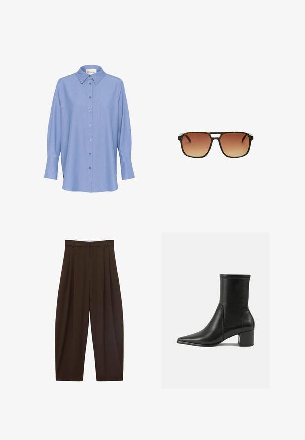 Brown double-breasted blazer with a notched lapel, two front pockets, and button accents, made from smooth, textured fabric.; Blue striped long-sleeve shirt featuring a classic collar, button front closure, and long sleeves with cuffs. Fabric appears smooth and lightweight.; Brown high-waisted trousers with pleats, made of smooth fabric. Loose fit, straight leg design, featuring belt loops and a zip fly.; Black ankle boot made of smooth leather, featuring a pointed toe, a block heel, and distinct raised stitching at the top edge.; Tortoiseshell sunglasses with a rectangular frame, brown gradient lenses, and a distinctive silver accent on the bridge.; Black suede handbag with dual top handles, structured design, prominent seam detailing, and a spacious silhouette for versatile use.