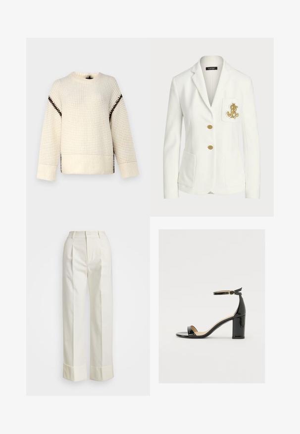 Balto žakete, kas izgatavota no teksturēta auduma ar pielāgotu piegriezumu, ir zeltainas pogas un dekoratīvs zelta izšūts logs uz kabatas.; Krēmkrāsas džemperis ar teksturētu rakstu, ar brūnu akcentu šuvēm plecu un sānu šķēlumu vietās. Garas piedurknes, apaļa izgriezuma kakls.; Baltas, piegriezts bikses ar augstu jostu, dubultām priekšējām krokām un platajām kājām ar salocītām malām. Izgatavotas no gludas, strukturētas auduma.; Melnas patentā ādas sandales ar platām papēžiem, atvērtu purngalu un potītes siksniņu ar zelta sprādzi. Gluda tekstūra un elegants dizains.