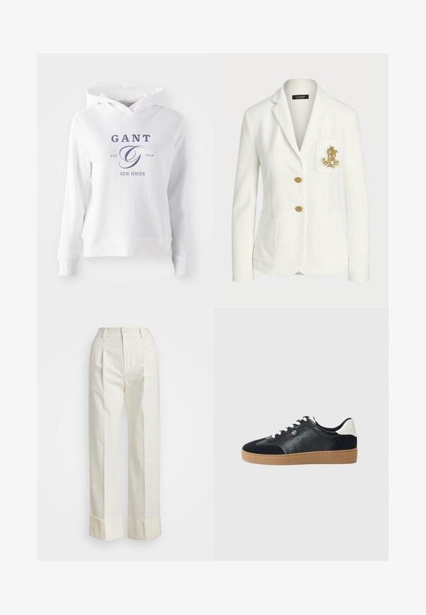 Bílý blazer vyrobený z texturované látky s přizpůsobeným střihem, s kapsičkovými zlatými knoflíky a dekorativním zlatě vyšitým logem na kapse.; Bílá mikina s kapucí a přední klokaní kapsou, s námořnickým modrým textem „GANT EST. 1949 NEW HAVEN“ a velkým stylizovaným logem „G“. ; Bílé kalhoty na míru s vysokým pasem, dvojitými předními záhyby a širokými nohavicemi s ohrnutými lemy. Vyrobeny z hladké, strukturované tkaniny.; Černé kožené a semišové tenisky s světle hnědou gumovou podrážkou. Obsahují bílé tkaničky a malé perforace po stranách. Přítomné logo Michael Kors.