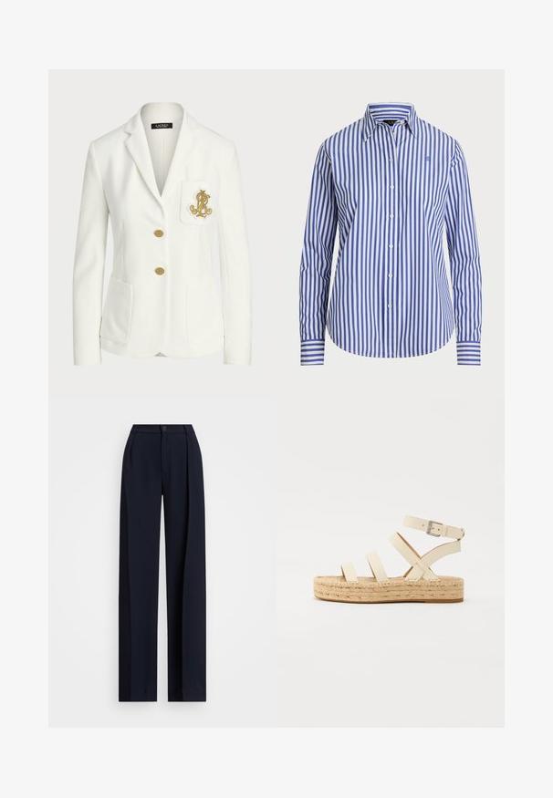 Hvit blazer laget av teksturert stoff med en tilpasset passform, som har gullknapper og en dekorativ gullbrodert logo på lommen.; Knappskjorte i blå og hvite vertikale striper. Har klassisk krage, lange ermer og rundet kant. Laget av vevd stoff.; Marinblå vide bukser med plissee, knaplukning og en glat tekstur. Designet for en løs og behagelig pasform.; Lys beige lær espadrille sandal med fire kryssede stropper og ankelspenne, med en vevd jute plattformsåle og flat gummibunn.
